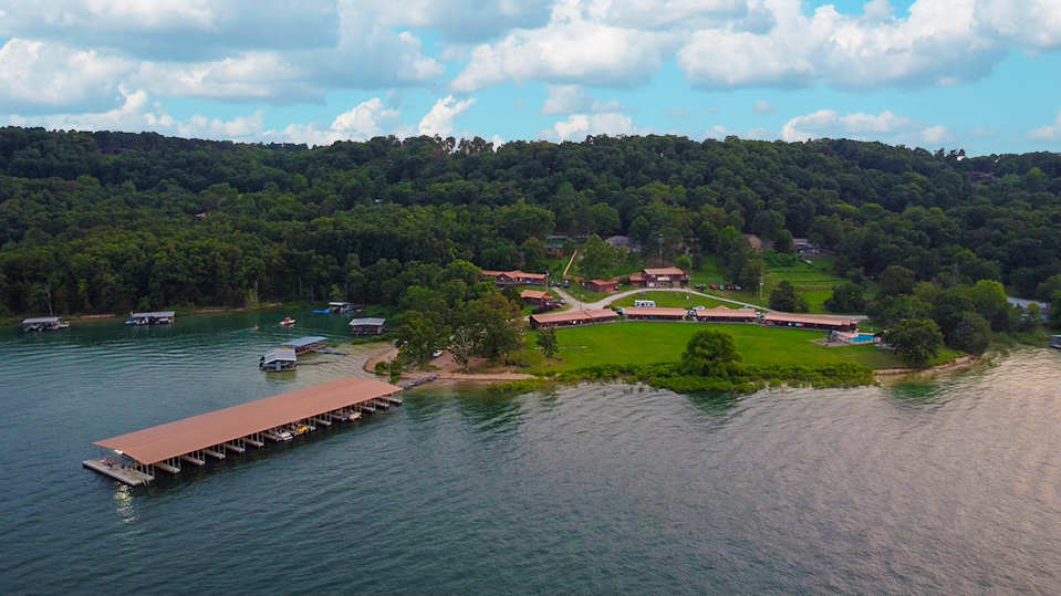 Aerial view of Coppermine Lodge peninsula on Beaver Lake near Rogers, Arkansas
